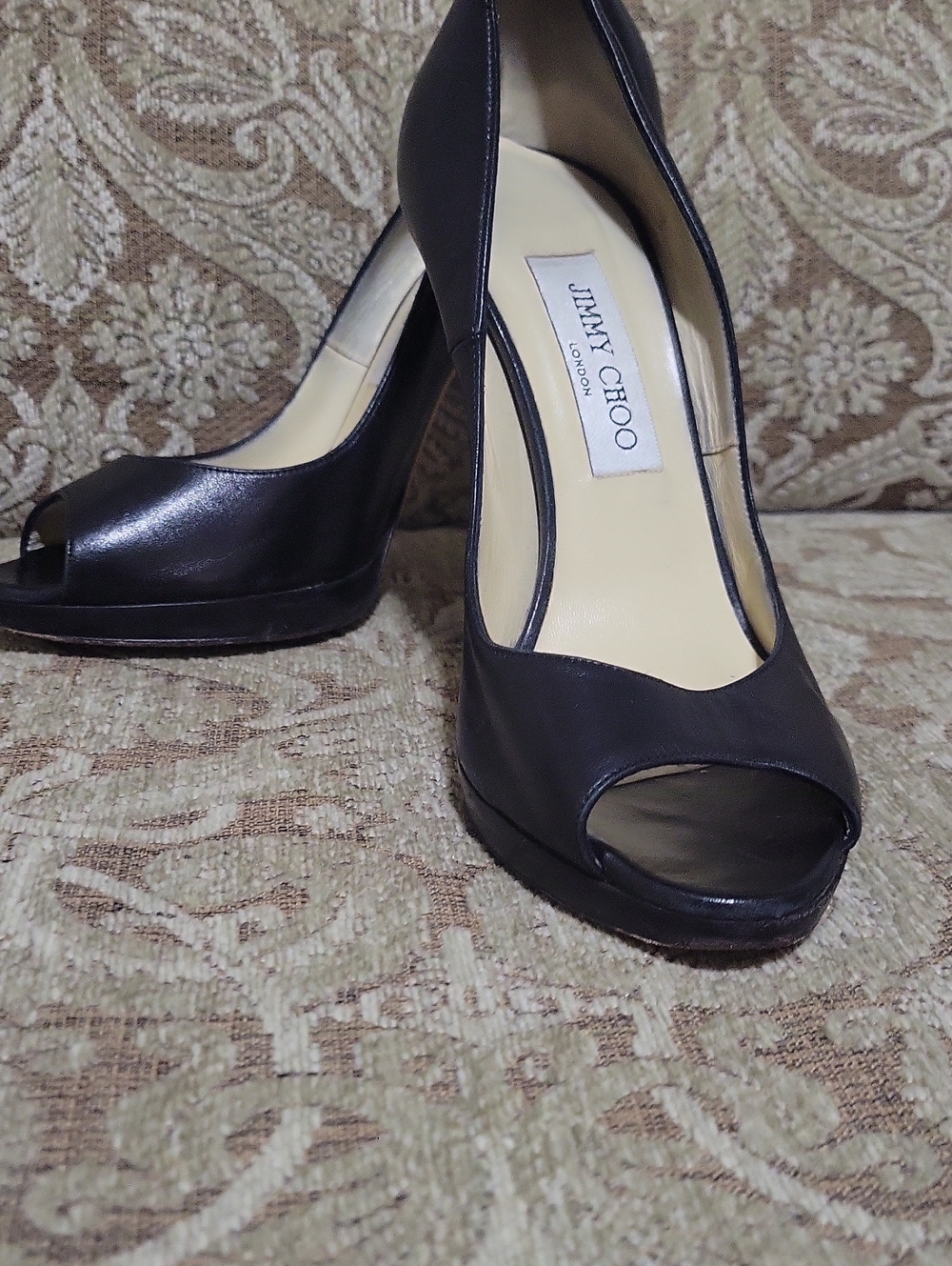 Jimmy Choo Black Leather Peep-Toe Platform Heels